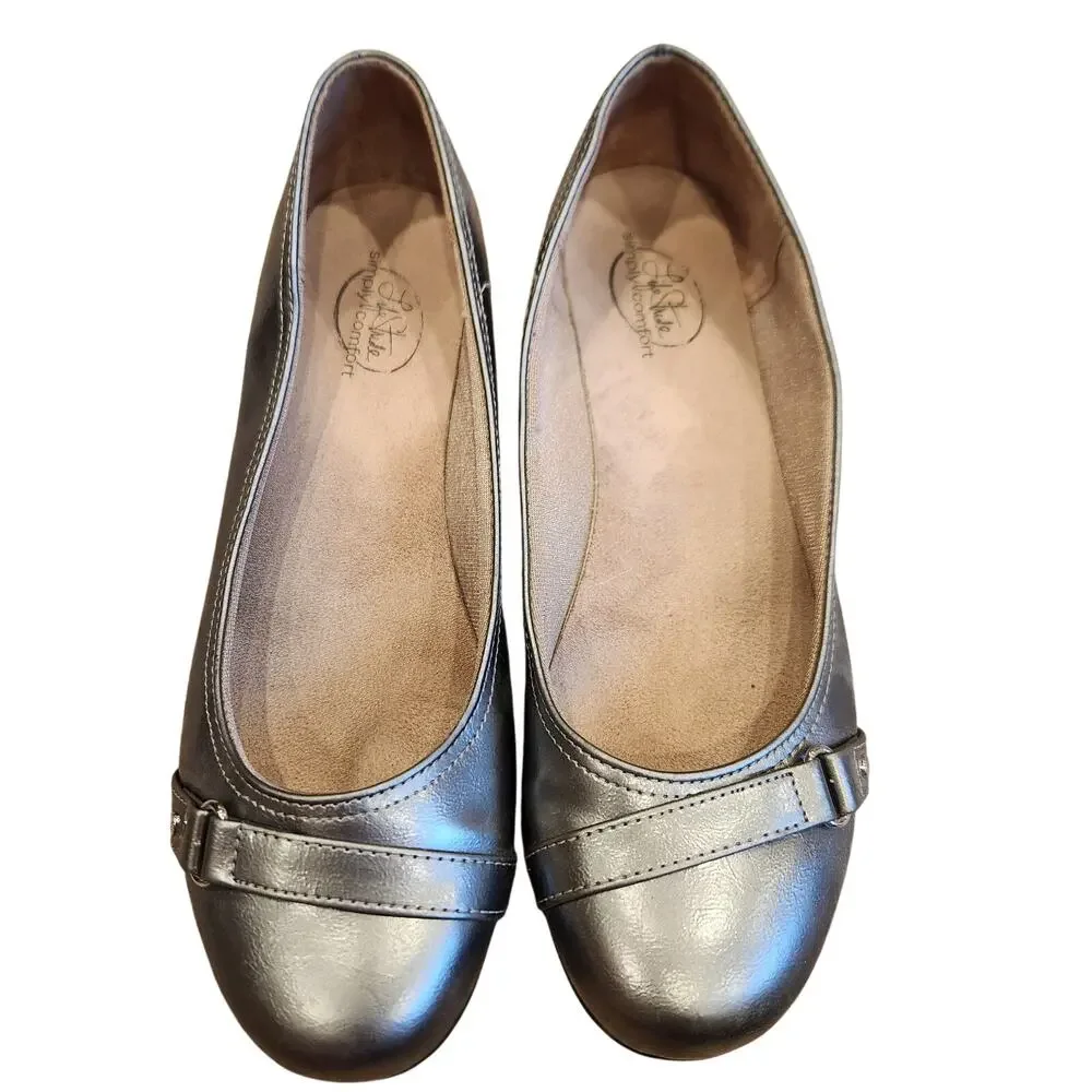 LifeStride Simply Comfort Ballet Flats 10 M Gray‎ Metallic Leatherette; Strap